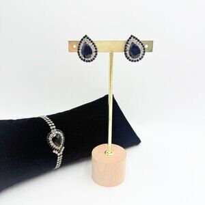 Vintage Art Deco Black and Clear Rhinestones Teardrop Bracelet and Earrings Sets
